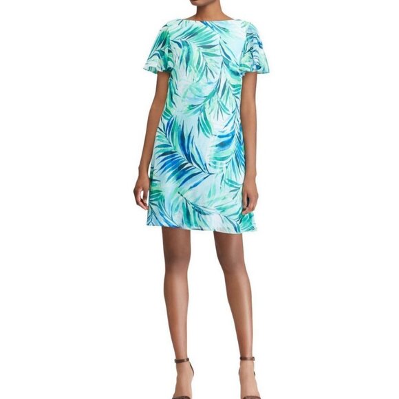 American Living Ralph Lauren Dress 12 Blue Green Short Flutter Sleeve Washable - Picture 1 of 10